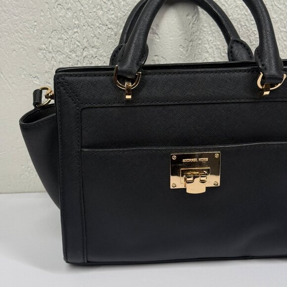 Michael Kors Tina Satchel Black Leather Gold Hardware Medium Bag - Picture 2 of 13